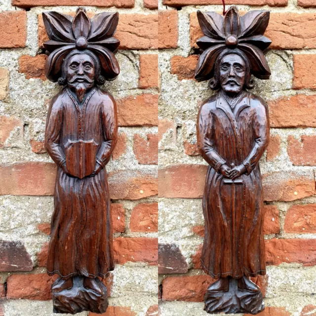 Pair 16thC Style, 19thC Made, English Antique Carved Oak Terms or Panels