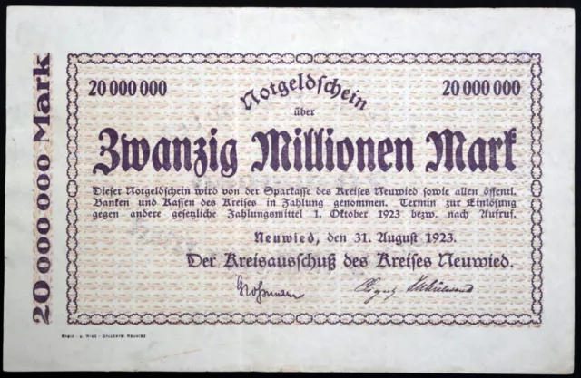NEUWIED 1923 Rare 20 Million Mark Inflation Notgeld German Banknote