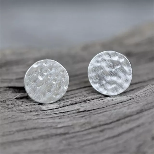 Genuine Sterling Silver 925 9mm Round Matte Hammered Matte Finish Stud Earrings