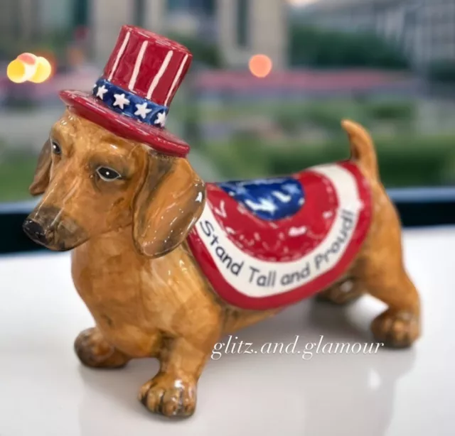 Blue Sky Patriotic Dachshund Dog Ceramic Figurine 4th Of July Decor New