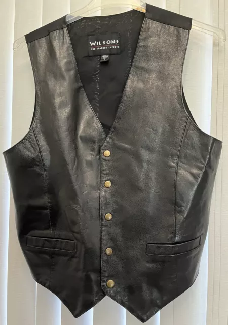 Men's Vintage WILSONS - Black Leather, Snap-Front 2 Pocket CLASSIC VEST! EUC (L)