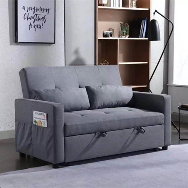 55" Convertible Sleeper Sofa Bed Couch Modern Linen Pull Out Bed w/ Side Pocket