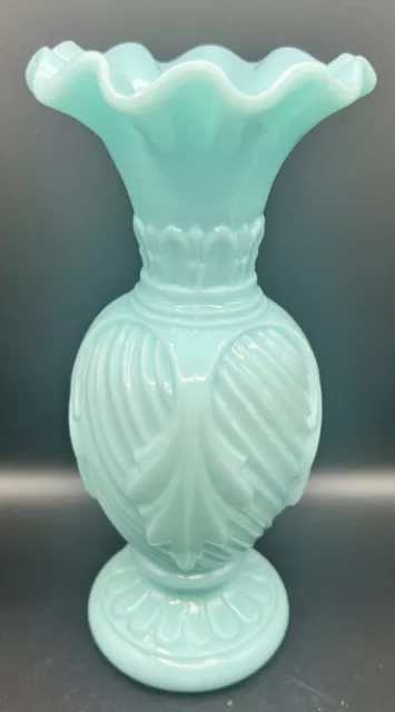 Vintage Portieux Vallerysthal Blue Opaline Milk Glass Vase Swirl Leaf