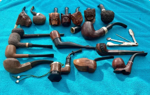 Job Lot Of 17 Vintage Smoking Pipes. Carved & Collectible Various Conditions