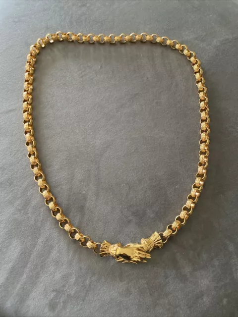 Vintage Kenneth Jay Lane Gold Tone Interlocking Hands Necklace 34 Inches Kjl