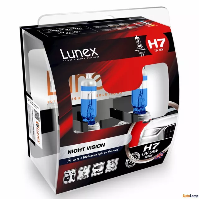 2x H7 Lunex NIGHT VISION 477 12V 55W Car Headlight Halogen Bulbs PX26d 3600K