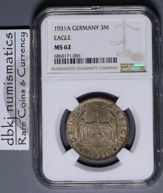 1931A Germany 3 Mark - Eagle - NGC MS 62