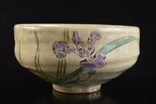 M3029: Japanese Old Kiyomizu-ware Colored porcelain Flower TEA BOWL Rokubei made