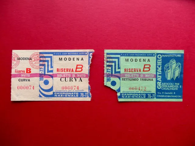 Due Biglietti Calcio Modena FC Stadio Tribuna Rettilineo Curva 1976-1977 Sport