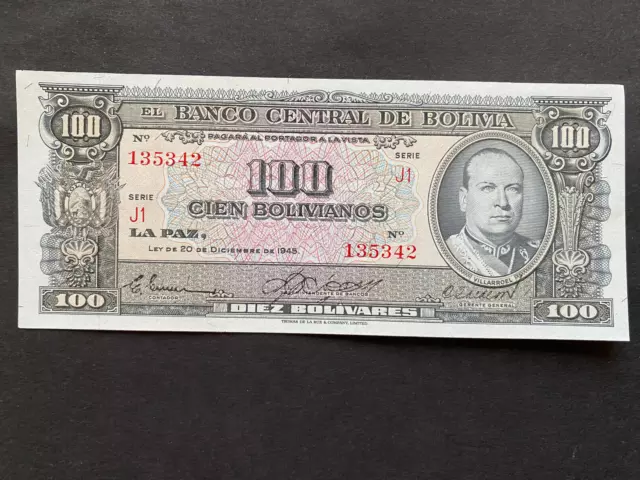 BOLIVIA, 1945, Billete Banco Central de Bolivia, 100 BOLIVIANOS, Serie J1, UNC