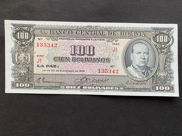 BOLIVIA, 1945, Billete Banco Central de Bolivia, 100 BOLIVIANOS, Serie J1, UNC