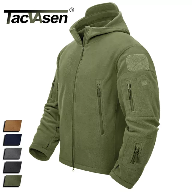 Men's Tactical Fleece Jacket Full-Zip Hooded Windproof Coat Outdoor Hiking Work