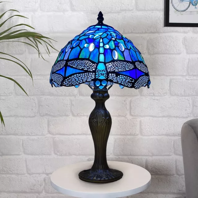 Tiffany Blue Dragonfly style Table Lamp 10" Handcrafted Multicolor Stained Glass