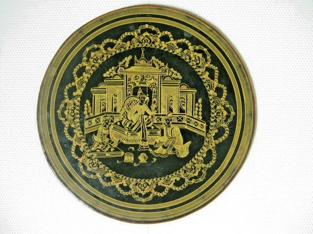 Burmese Yun-de Lacquer Plates Table Mats Court Scenes Black Yellow Set of Six