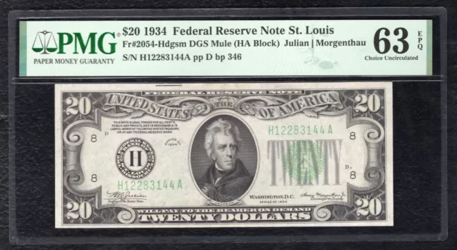 FR. 2054-Hdgsm 1934 $20 FRN FEDERAL RESERVE NOTE ST. LOUIS, MO PMG UNC-63EPQ