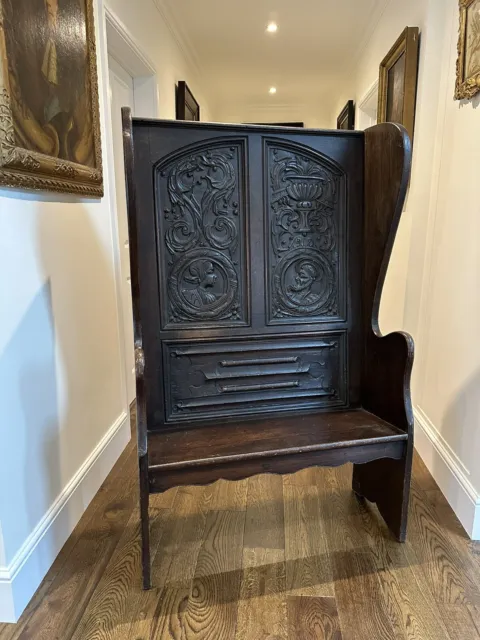 Antique Carved Oak Hall Chair Monks Bench Settle Romayne Portrait Panels