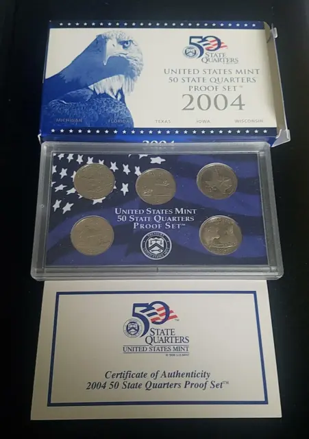2004 US Mint Statehood Quarter Proof Set | MI, FL, TX, IA, WI | OGP, COA
