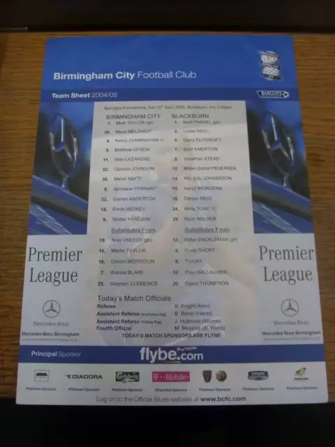 30/04/2005 Colour Teamsheet: Birmingham City v Blackburn Rovers