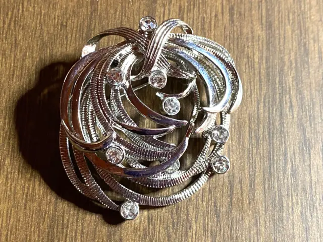 Vintage Silvertone Swirl Statement Crystal RS Pin Brooch Costume Jewelry 2"