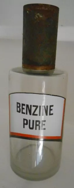 Ancien pot flacon à pharmacie en verre blanc apothicaire "BENZINE PURE "
