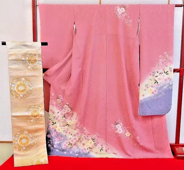 Japanese Kimono "Furisode"  "Fukuro obi" 2 piece set/Cherry blossoms/obi Gold