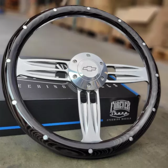 14" Inch Billet Steering Wheel Dark Pine Wood Rivet Chevy Bowtie Licensed Horn
