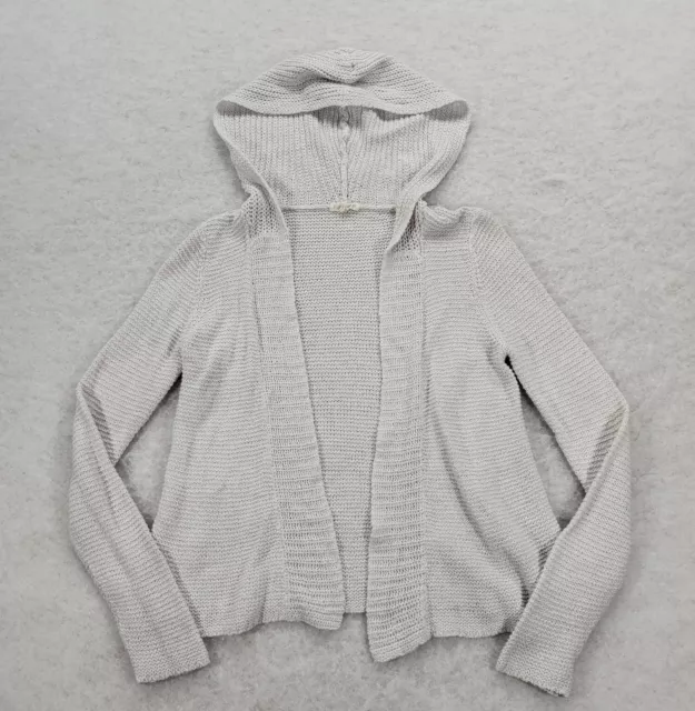 Eileen Fisher Linen Blend Open Knit Hood Cardigan Linen Light Gray Sz XS Womens