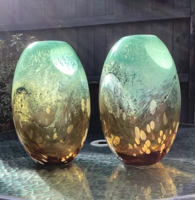Pair Of Colourful Green White Amber Mottled Art Glass Vases With Gold Inclusions