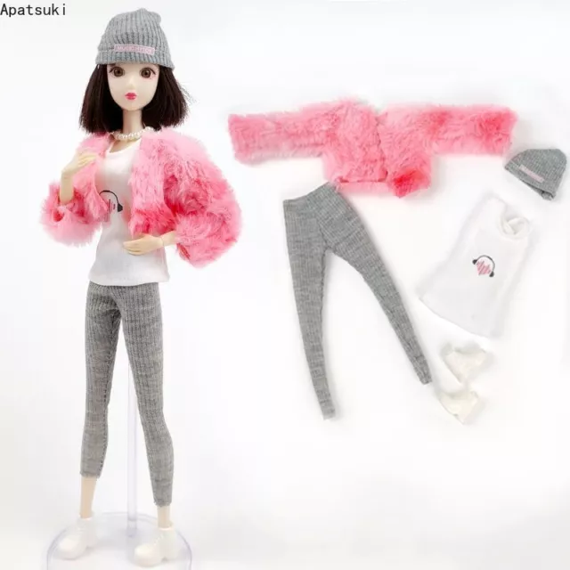 Pink Winter Outfits For 11.5" Doll Clothes Set Fur Coat Vest Pants Hat Shoes 1/6