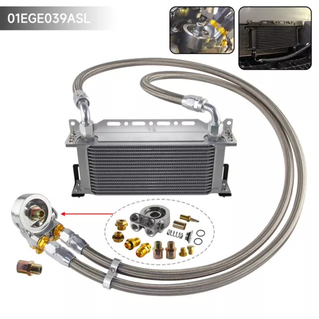 16 Row Engine Transmission Oil Cooler w/Thermostat 80 Deg Oil Filter Adapter Kit