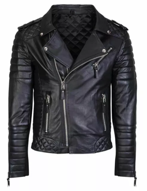 Men's Slim Fit Biker Genuine Lambskin Leather Quilted Motorcycle Biker Jacket