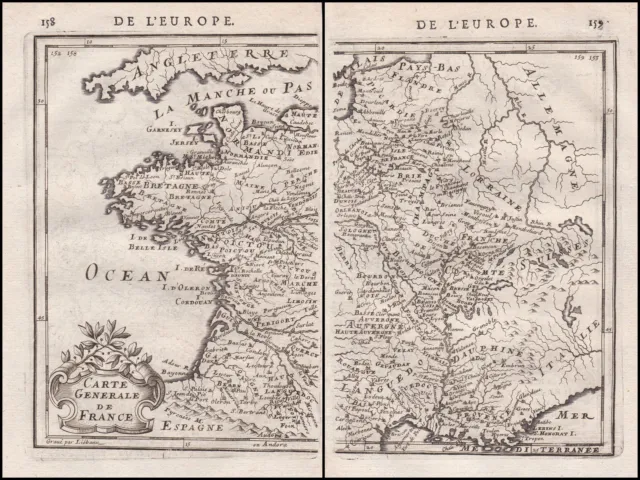 Francia Carte Rotocalco Mappa Mallet Incisione Engraving 1683