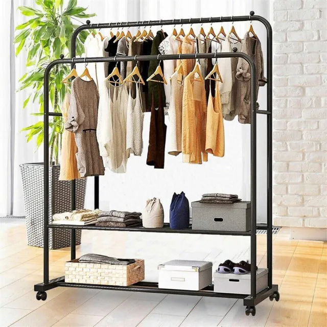 Mobile Double Rail Clothes Stand Metal Garment Rack w/Shelves&Wheels for Bedroom
