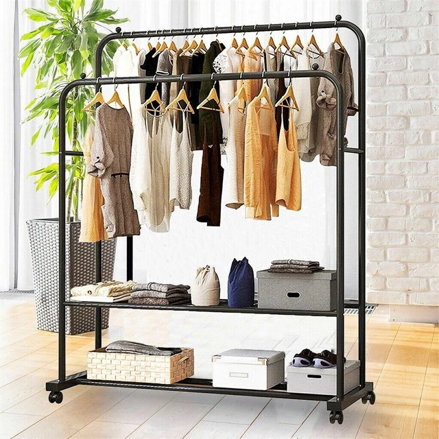 Mobile Double Rail Clothes Stand Metal Garment Rack w/Shelves&Wheels for Bedroom