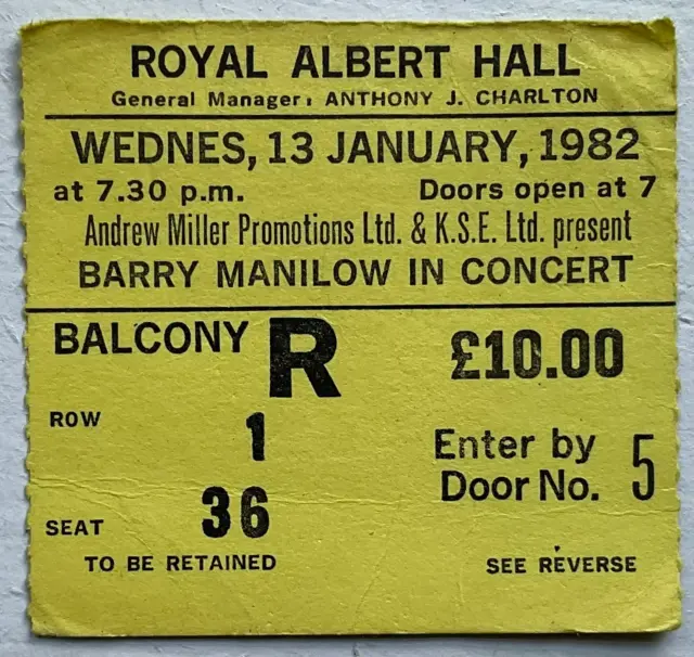 Barry Manilow Original Used Concert Ticket Royal Albert Hall London 13th Jan 198