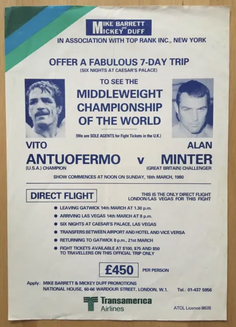 Superb Rare Vito Antuofermo Vs Alan Minter Original Travel Handbill Poster 1980!