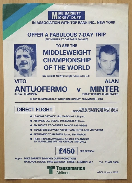 Superb Rare Vito Antuofermo Vs Alan Minter Original Travel Handbill Poster 1980!