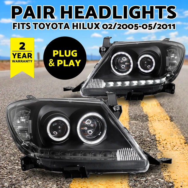 HEADLIGHTS BLACK DRL Projector HALO Angel Eyes Fits Toyota Hilux