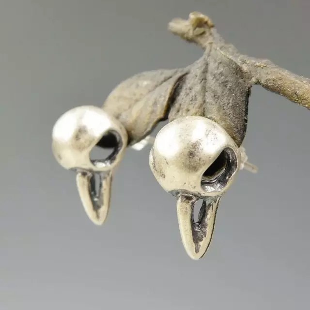 Handmade 925 Sterling Silver Raven Crow Skull Stud Post Earrings Unique Gothic