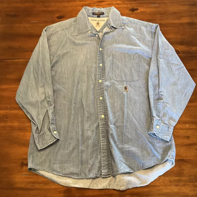 Vintage 90s Tommy Hilfiger Shirt Denim Color Button Down Long Sleeve 16 1/2-33