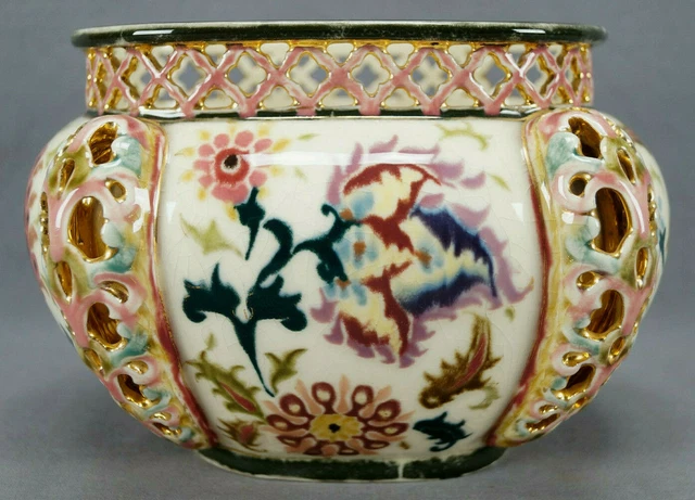 Zsolnay Hungary Multicolor Floral Reticulated Faience Planter Circa 1882 - 1885