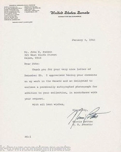 Norris Cotton New Hampshire Senator Autograph Signed Senate Stationery Letter