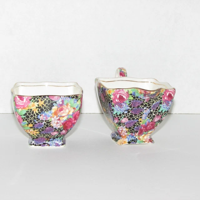 ROYAL WINTON GRIMWADES HAZEL Antique CREAMER & SUGAR BOWL BLACK CHINTZ Square 3