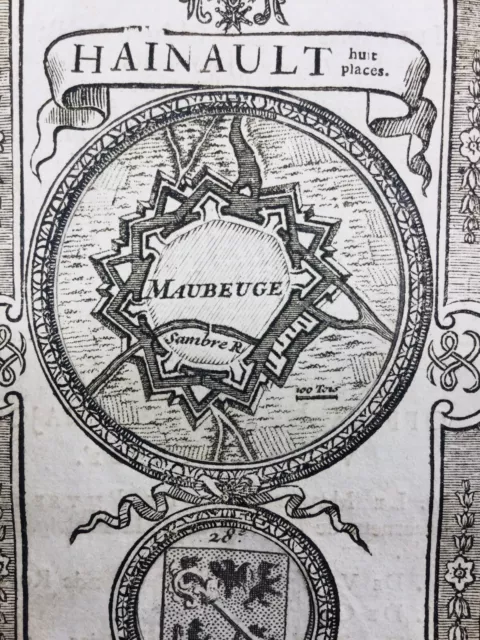 Maubeuge en 1736 Nord Rare Gravure Plan Fortification Héraldique