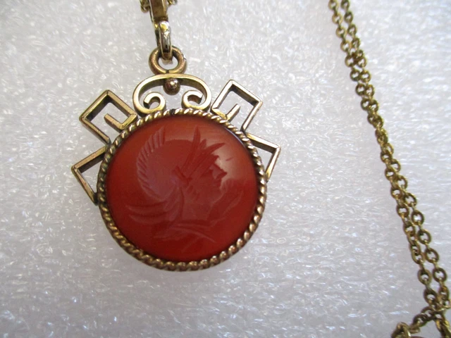 Antique Gold Filled Carved CARNELAIN Greek Roman Knight Cameo Pendant Necklace Antique Gold Filled Carved CARNELAIN Greek Roman Knight Cameo Pendant Necklace