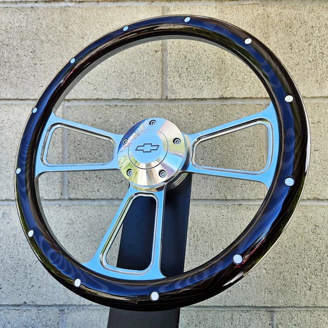 14" Billet Steering Wheel Dark Wood Rivet Half Wrap Chevy Bowtie Horn Button