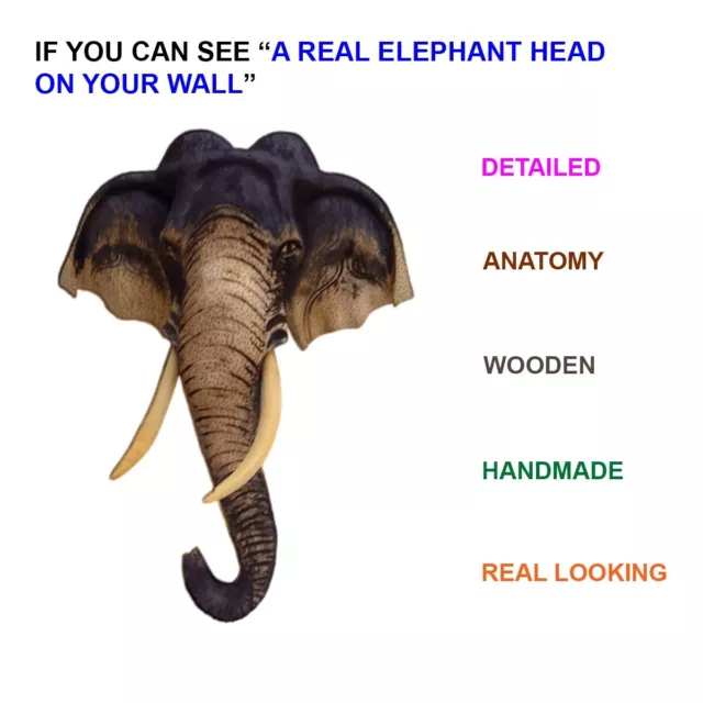 Wall Art Elephant Head  Home Carved Décor Sculpture Hanging Wood Wooden Handmade