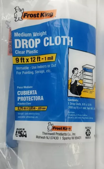 2 PACK Frost King P115R 1 mil. Medium Weight Clear Plastic Drop Cloth 12'x9' NEW