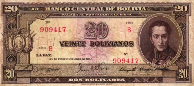 02 Bolivia / Bolivien P140a 20 Bolivianos 1945 Serie B