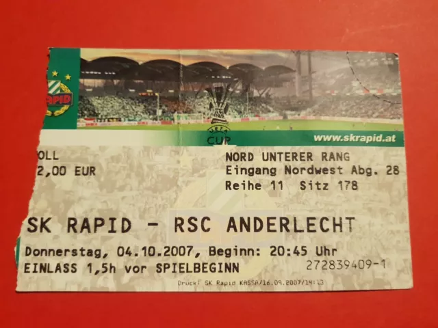 Used Ticket UEFA Cup CL  2007/08 Rapid Wien vs RSC Anderlecht